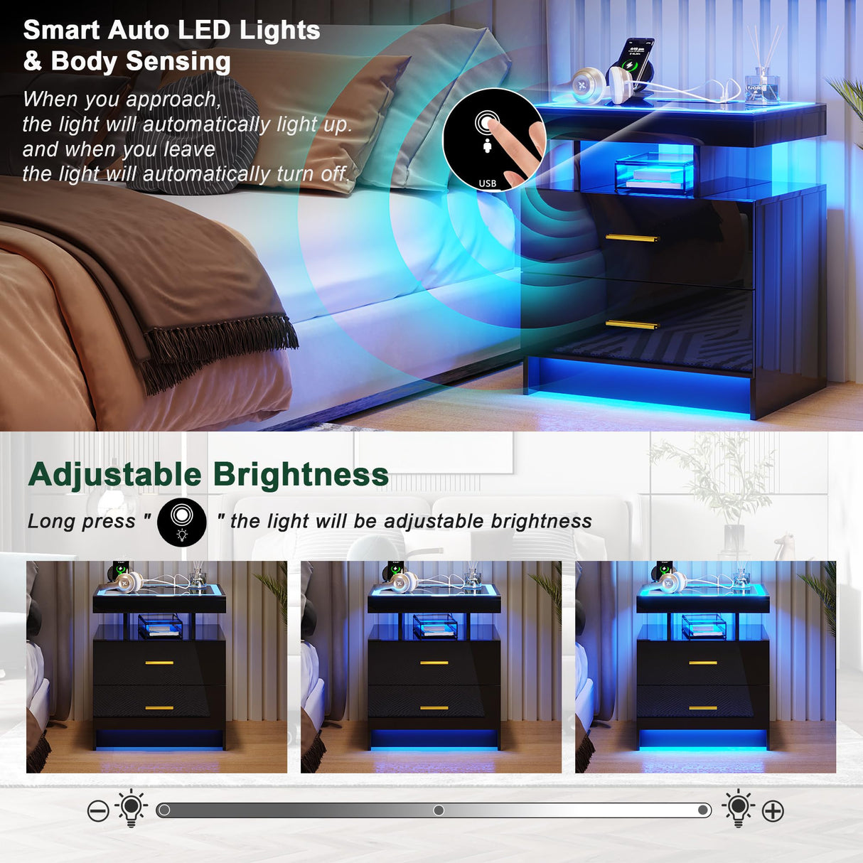 HNEBC Auto LED Nightstand Set of 2, Black Night Stand with Charging Station & USB Ports, High Gloss Bedside Table has 2 Drawers,Modern End Side Table for Bedroom (Black) HNEBC