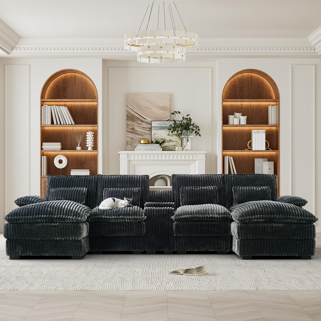 HYJT-H&K 124" U Shaped Cloud Couch Sectional, Comfy Fluffy Plush Corduroy Grey Sectional Couches for Living Room, Modern Modular Corduroy Couch Sectionals with Central Console & Double Chaise Lounge HYJT-H&K