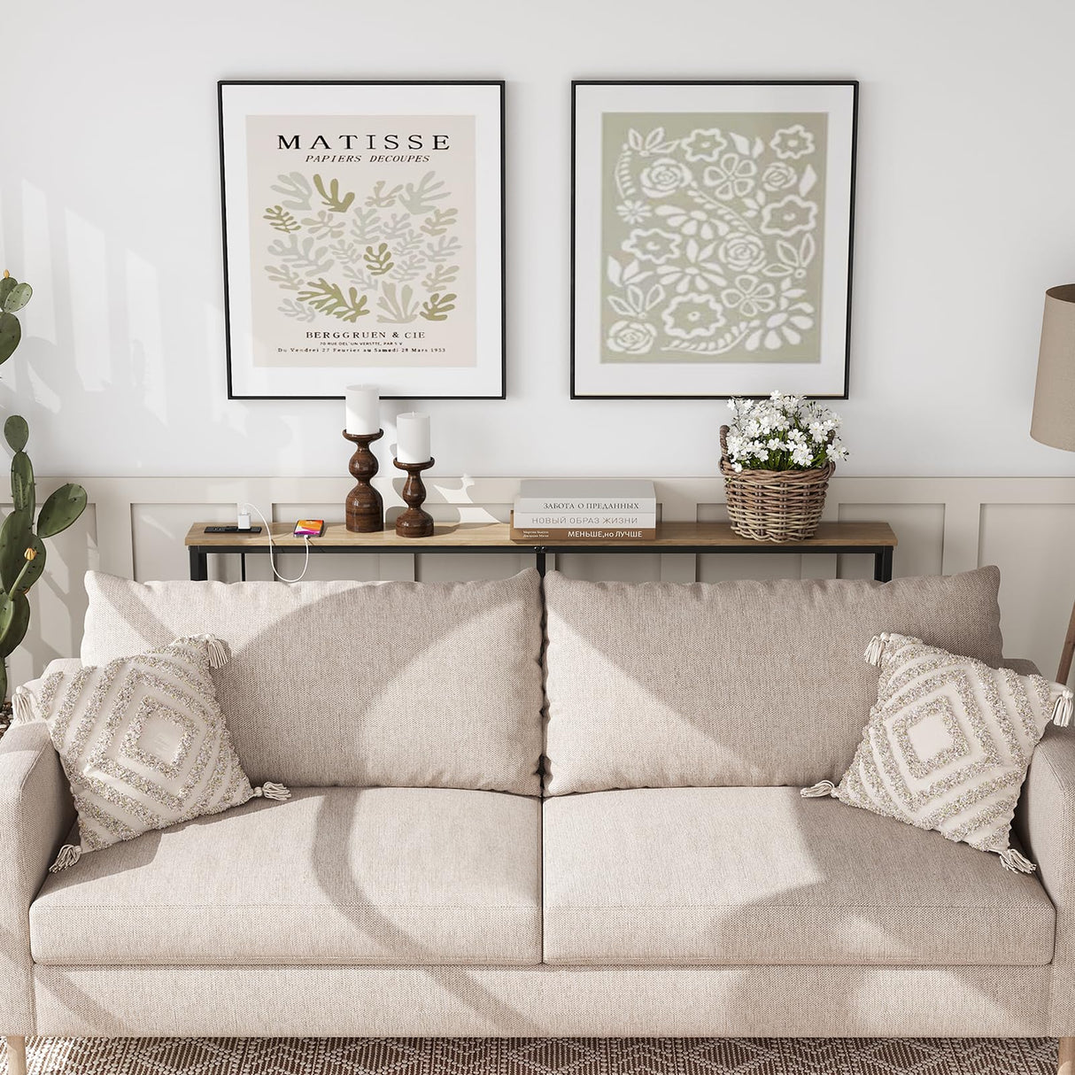 ELYKEN 5.9" Narrow Console Sofa Table with Power Outlets, 5.9" Dx63 Wx31.5 H Long Skinny Behind Couch Table with “X” Cross Metal Frame and Charge Station with 6.5’ Extension Cord, White Oak ELYKEN