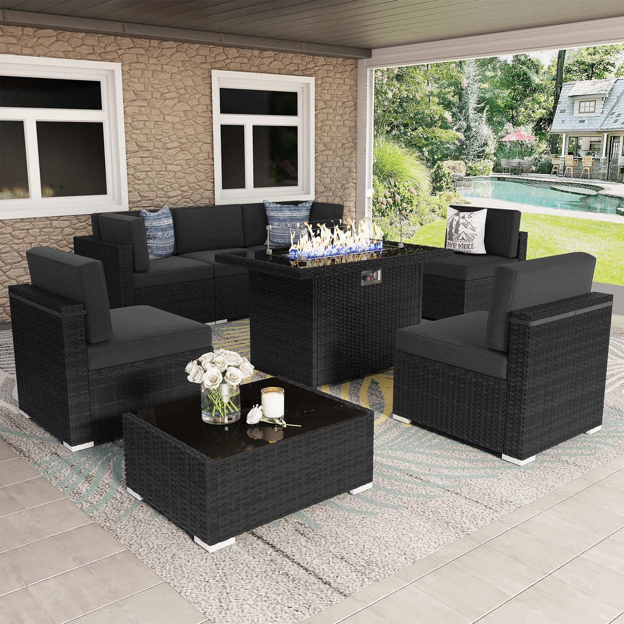 Vakollia 8 Pieces Patio Furniture Set with 44" Propane Gas Fire Pit Table, Outdoor Sectional Wicker Conversation Sofa Sets with Coffee Table Vakollia