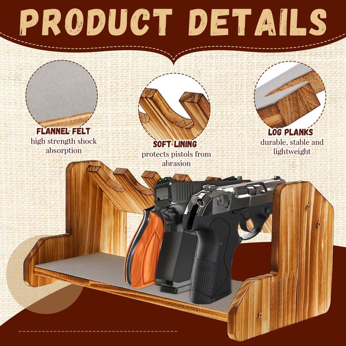 Maitys Pistol Rack,Solid Wood Handgun Pistol Gun Rack Holder with Felt Surface for Gun Cabinet Storage, Gun Safe Organizer Accessories, Holding for 6 Maitys