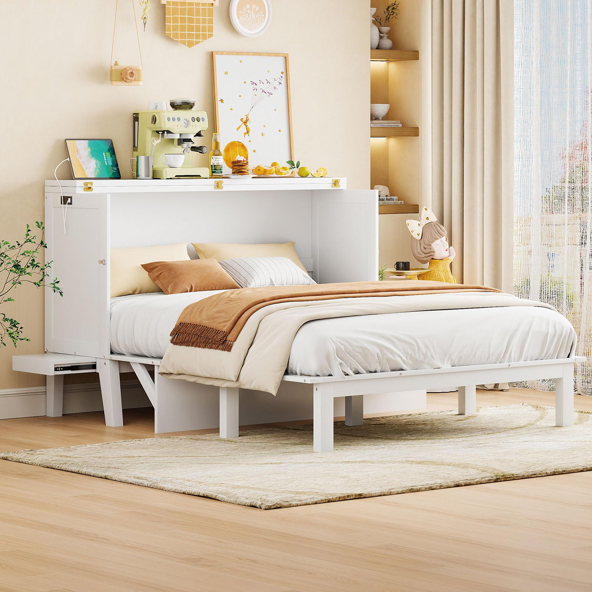 Merax Queen Murphy Bed with USB Port, Queen Murphy Cabinet, Space Saving, Solid Wood, White Merax