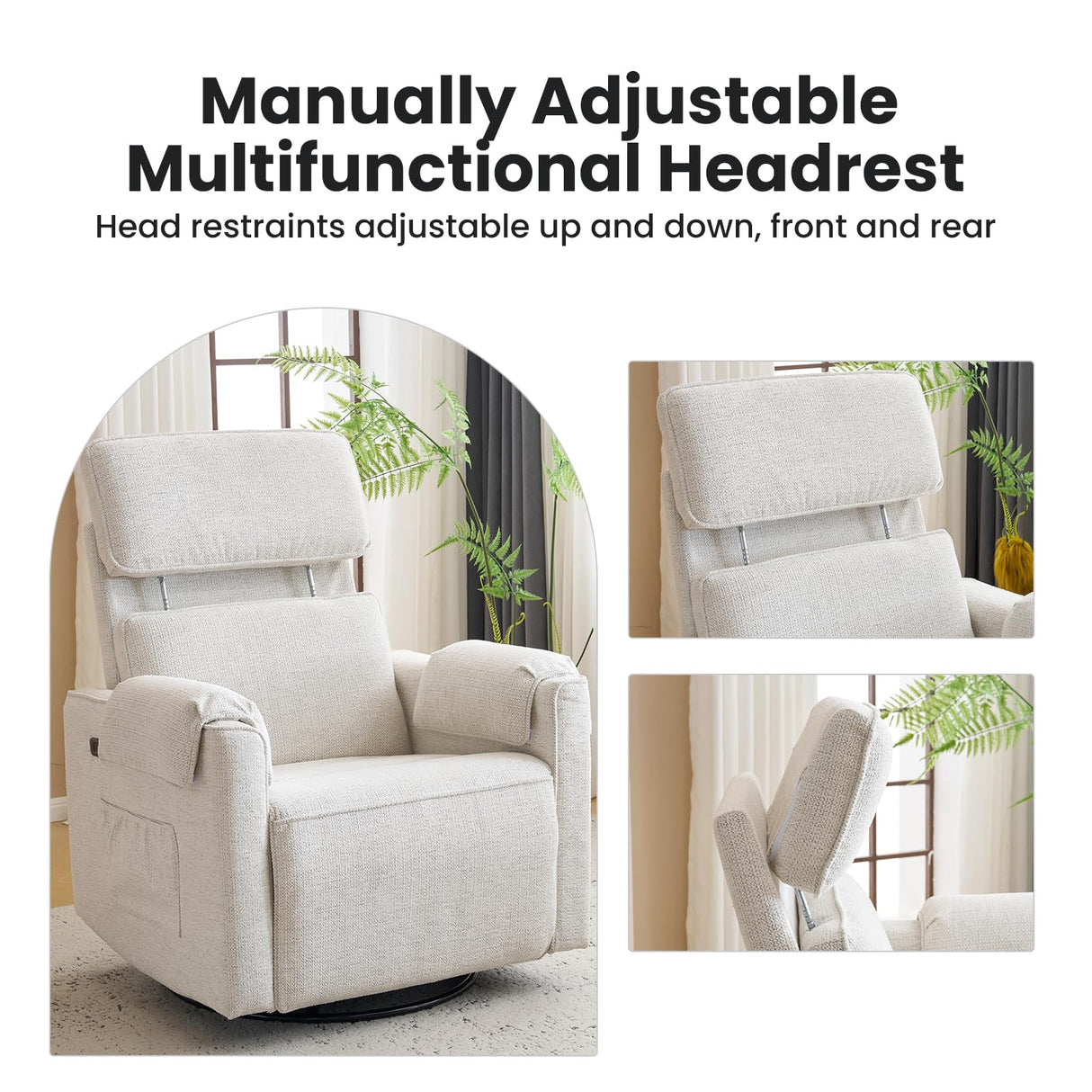 Oversized Power Recliner Chair Swivel Glider with Adjustable Headrest, Swivel Rocking Recliner Chair for Adults, 26" Extra Wide Glider Nursery Chair with Overstuffed Armrest, USB Ports, White RUTOX
