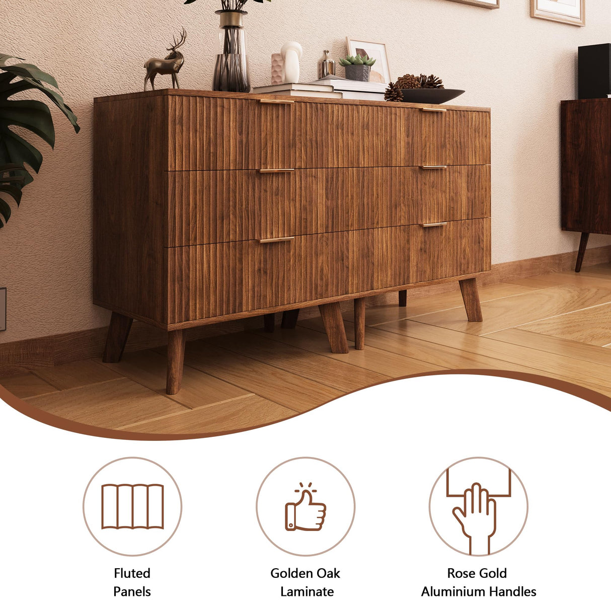 XUZENEST Fluted 3 Drawer Dressers, Modern Closet Dressers Chest of Drawers, Wood Storage Dresser Chest of Drawers Organizer for Bedroom Living Room Hallway Closet(Walnut) XUZENEST
