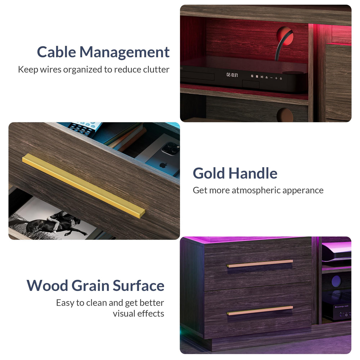 BELLEZE 66" TV Stand for TVs Up to 75", Entertainment Center with Music Sync LED Lights, Media Console Table Storage Cabinet with Open Shelves & Drawers for Living room, Bedroom - Hawthorn (Brown) BELLEZE