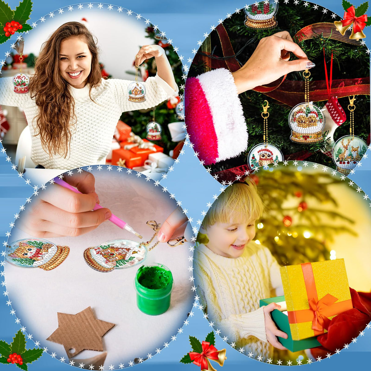 WILLBOND 30 Pcs Christmas Diamond Art Keychain Kits Double Sided Crystal Ball Diamond Painting Keychain 5d DIY Christmas Hanging Key Chains for Xmas Party Decoration DIY for Adults WILLBOND