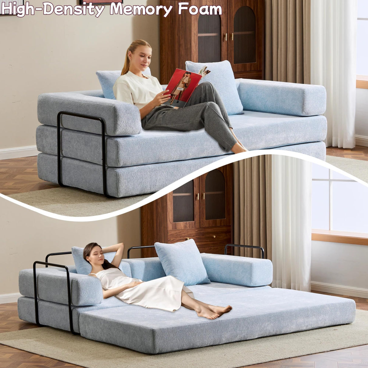 Trygoal Convertible Floor Sofa Bed, Foldable Mattress Cloud Couch with Pillow Back & Armrest, Chenille Sleeper Sofa Bed with Fixed-Shape Frame, Compressed Couch for Living Room Bedroom, Light Blue Trygoal