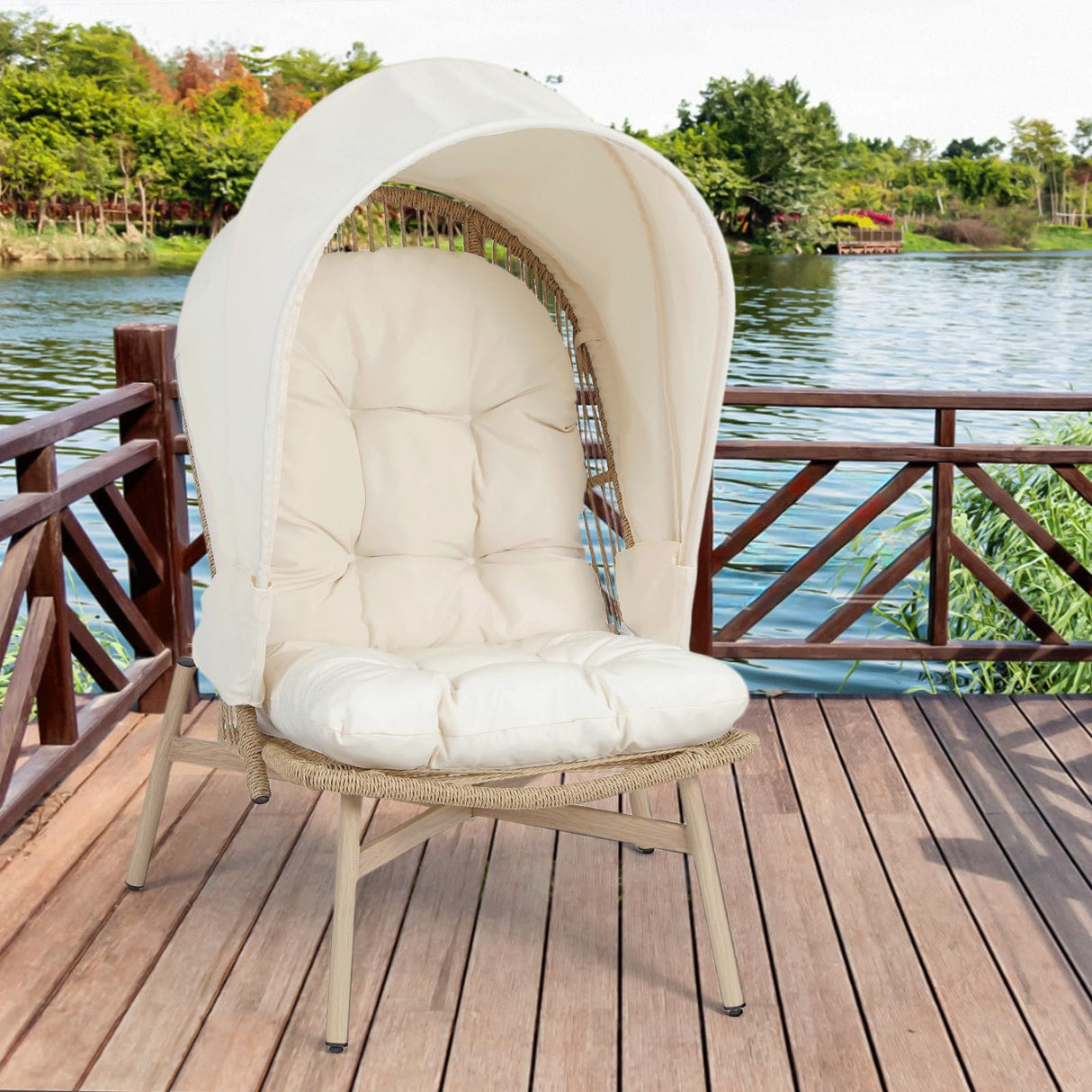 Athena Collection Patio Wicker Egg Chair with Folding Canopy, All-Weather Rattan Patio Lounge Chair with Sun Shade, Balcony Furniture Outside Seating for Front Porch, Garden, Poolside, Outdoor, Beige Athena Collection