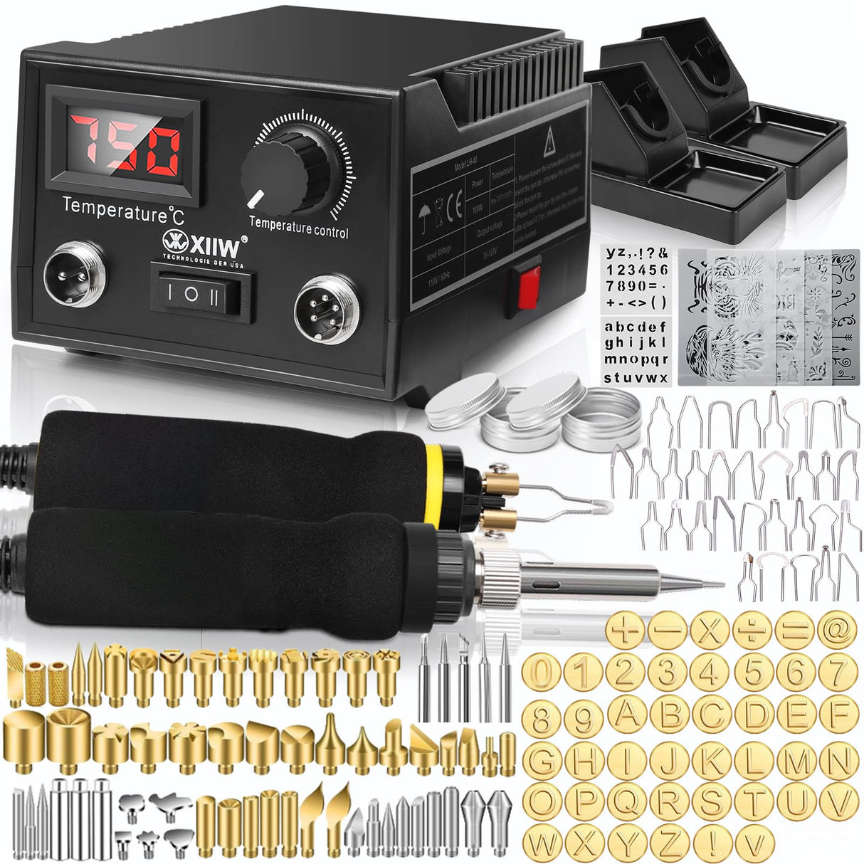 2 IN 1 Wood Burning Kit 100W with 2 Wood Burning Pens, 165 Pcs Pyrography Wood Burning Kit with 113 Solid Points and 33 Wire Nibs, Temperature Adjustment 300~750°C, Wood Burner for wood and leather XIIW