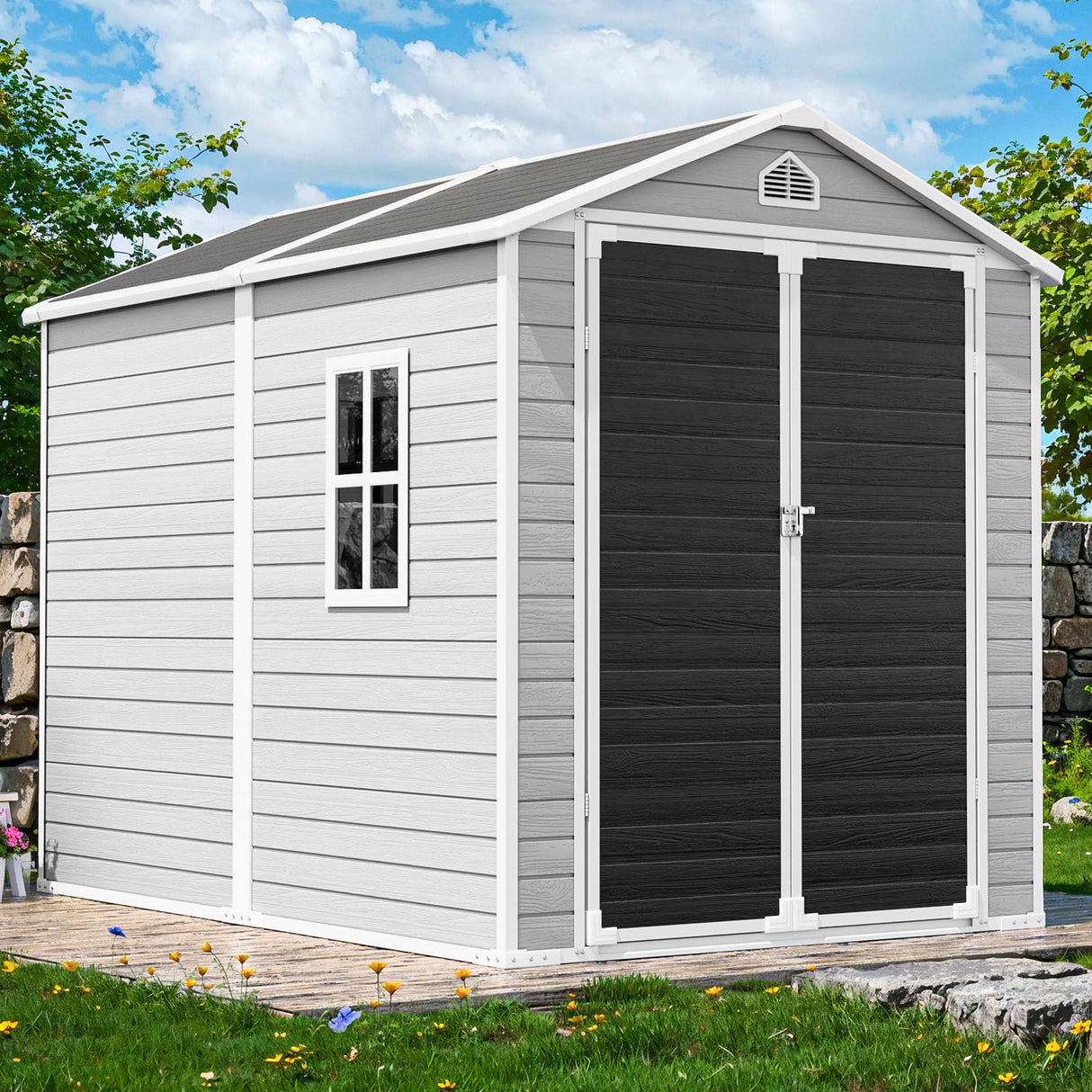 CDCASA 8x6x7 FT Resin Storage Shed, Waterproof Large Outdoor Shed with Floor & Lockable Door & Window & Vents, Plastic Tool Shed for Backyard, Patio, Poolside, Gray CDCASA