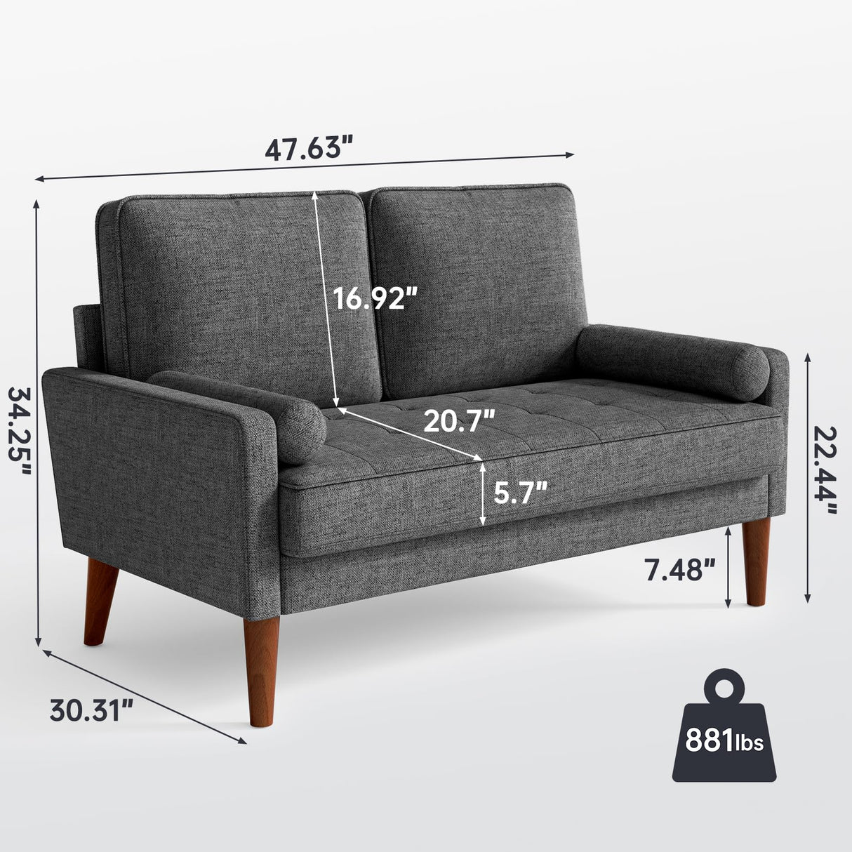Viihousiom 48" Sofa Loveseat, Mid Century Couch for Small Spaces, Bedroom and Living Room, Removable Cover Spring Cushions, Solid Wood Frame, Easy to Install, Grey Viihousiom