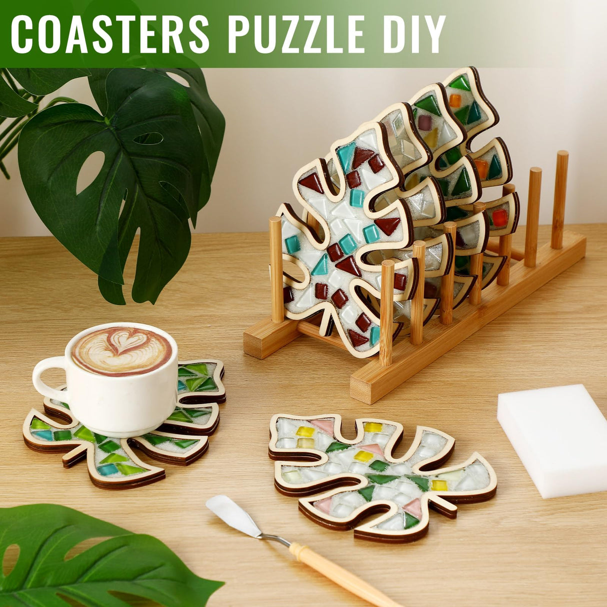 Honeydak 6 Sets DIY Leaves Glass Mosaic Tiles with 6 Sets Leaves Wooden Coasters Making Mosaic Crafts Materials Package Mixed Stained Glass Kit for Handmade Colourful Home Gifts Indoor Decor Honeydak