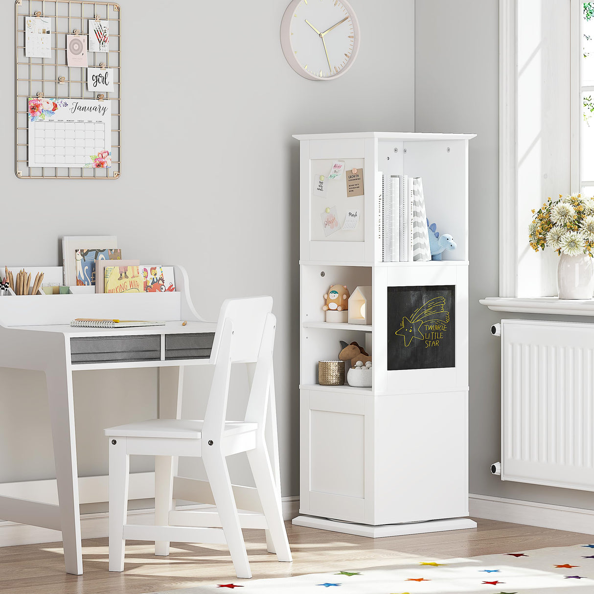 UTEX Kids Rotating Bookshelf Tower, 360 Display Revolving Bookcase with Blackboards and Hooks, 5 Tier Small Spinning Bookshelf for Kids Room, Nursery, Bedroom, Living Room, White UTEX