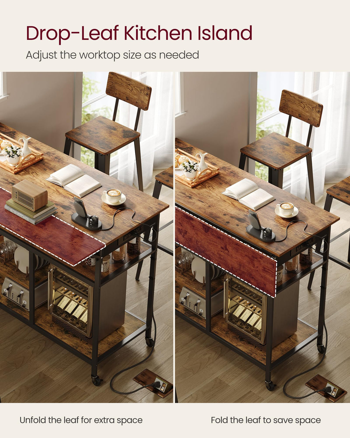 VASAGLE Kitchen Island with Drop Leaf, 47.2" Width Rolling Kitchen Cart with Power Strip, Extendable Worktop, Workbench,Pegboard, Adjustable Shelf, Rustic Brown and Ink Black UKKI013K01 VASAGLE