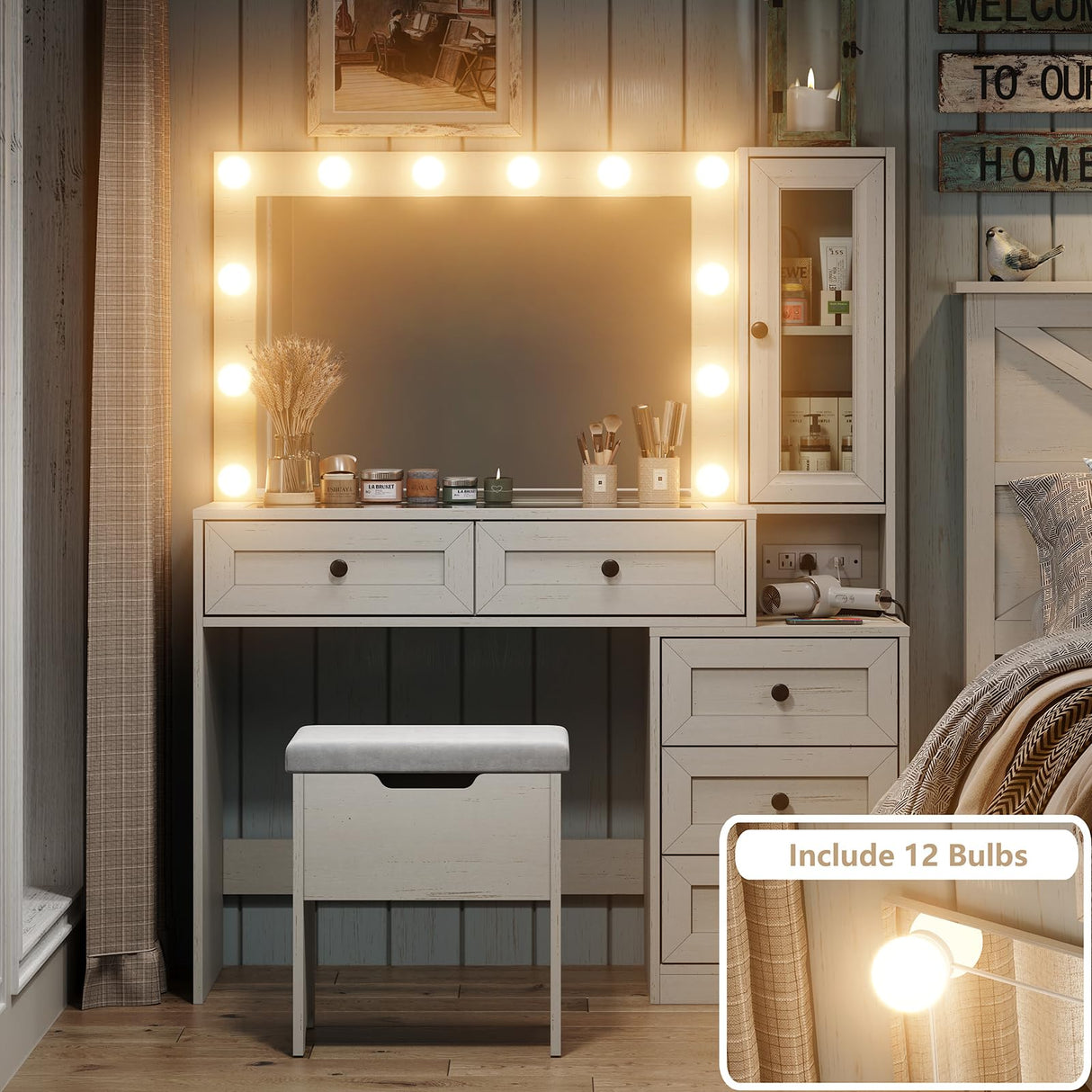 Diwnnue Large Farmhouse Mirror Vanity Desk with LED Bulbs White Makeup Table Set Glass Tabletop for Bedroom Charging Station & Power Outlet Adjustable Light Mode Diwnnue