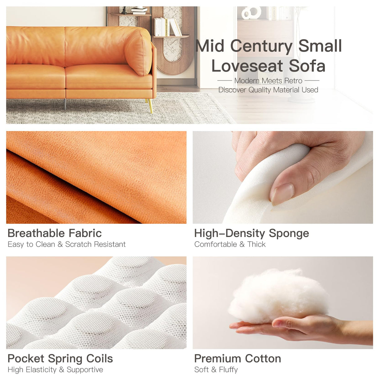 koorlian 73 inch Loveseat Sofa, Mid Century Modern Couch, Orange Fabric Sofa with Soft Comfy Cushion, Orange koorlian