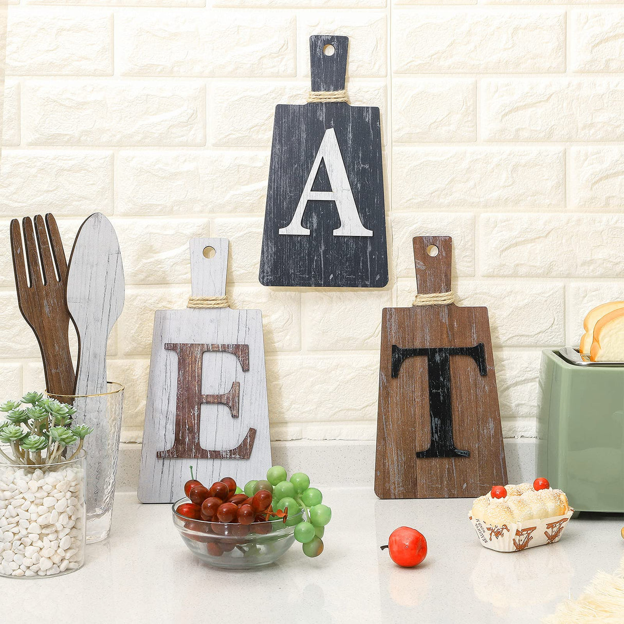 Jetec Cutting Board Eat Sign Set Hanging Art Kitchen Eat Sign Fork and Spoon Wall Decor Rustic Primitive Country Farmhouse Kitchen Decor for Kitchen and Home Decoration (Gray, White, Brown) Jetec
