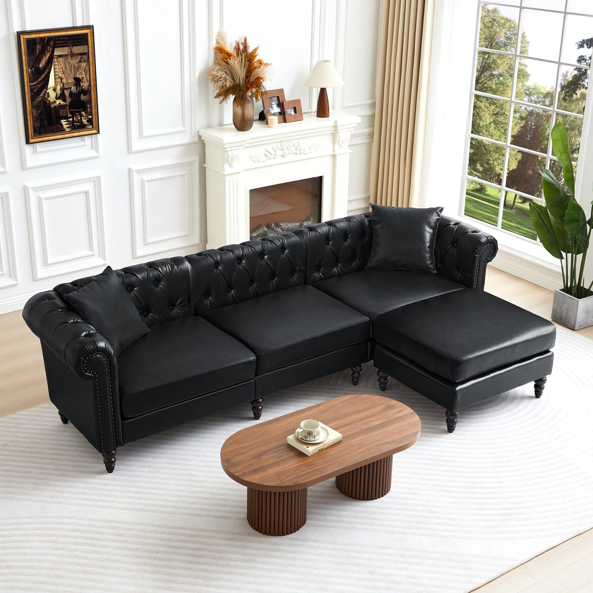 AVZEAR Chesterfield L Shaped Sofa Modular, Sectional Leather Couch with Ottoman and Pillow, Modern Sofa Bed PU Deep Seat Sofas Living Room Furniture Sets for Living Room, Bedroom and Apartment, Black AVZEAR