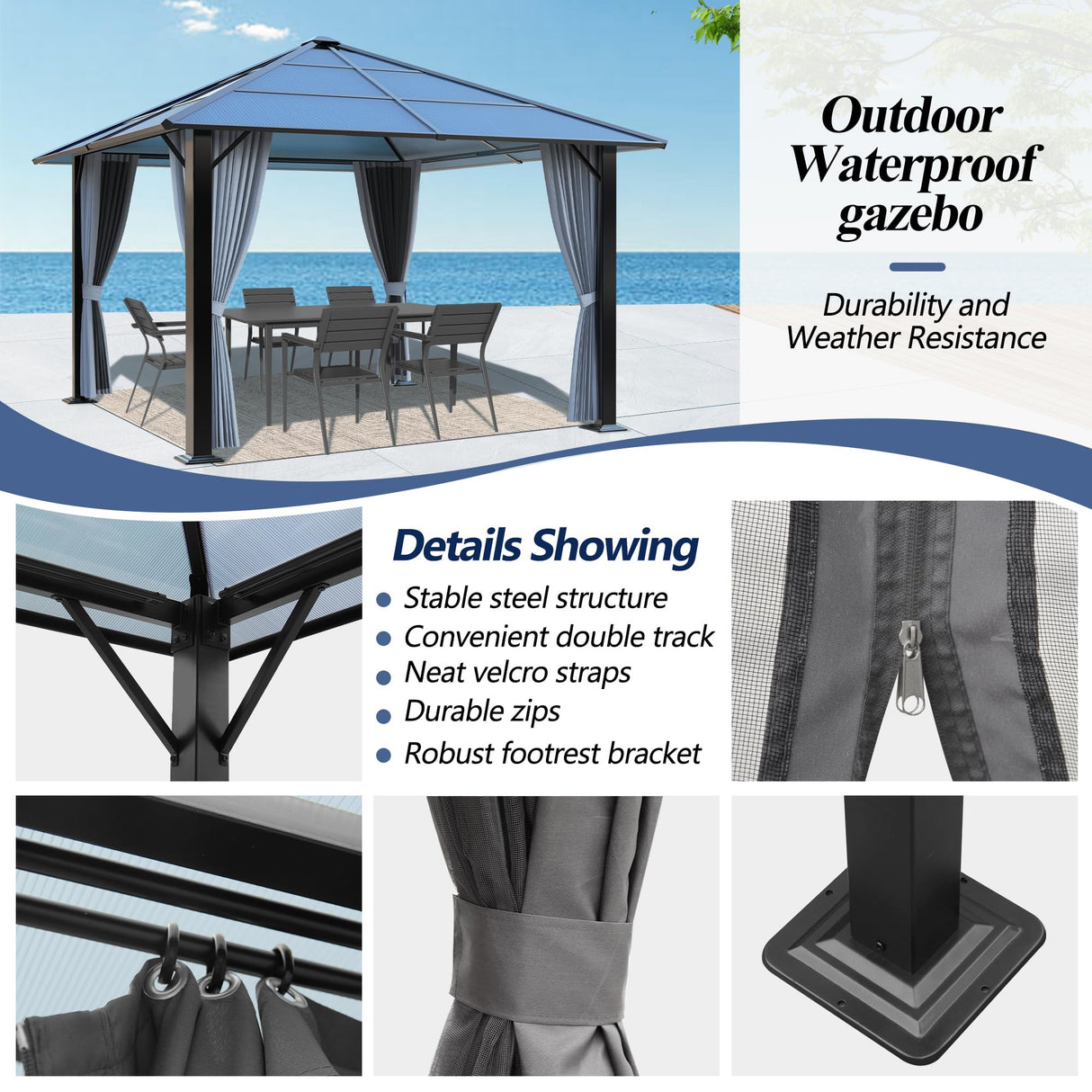 GARTOO 10'x10' Hardtop Gazebo, Outdoor Gazebo with Translucent Roof, Polycarbonate Top Metal Frame Garden Tent with Breathable Mesh and Privacy Curtains for Patio Lawn Garden Backyard, Gray GARTOO