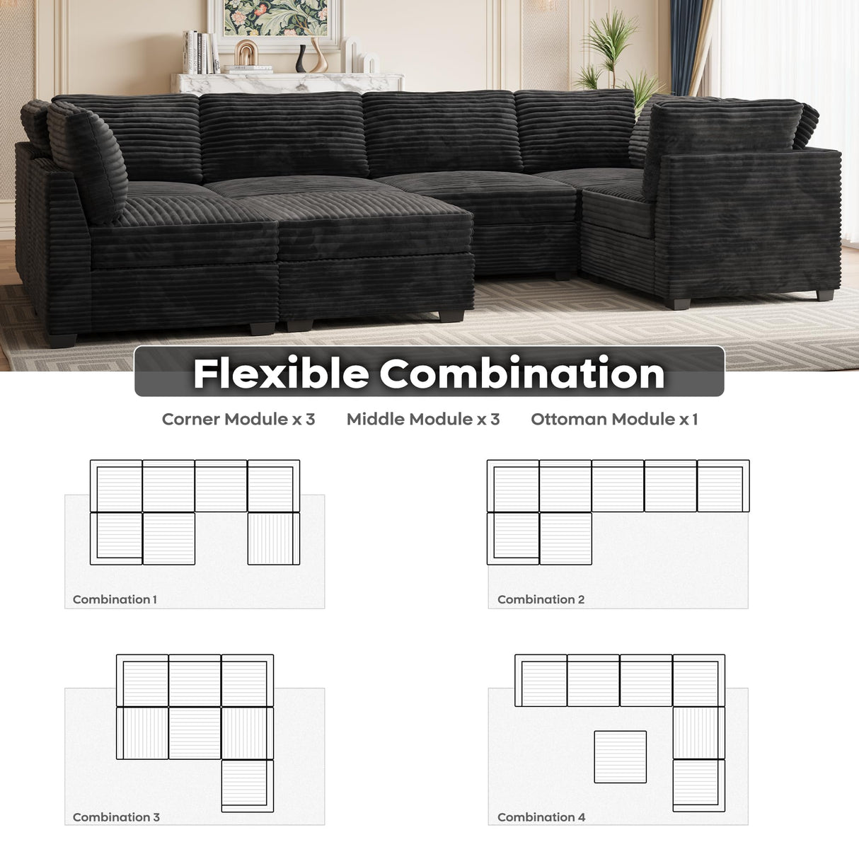 ovios 130.7" Modular Sectional Sofa Couch, U-Shaped Minimalist Couches with Sofa Bed Chaise, Modern Deep Seat Cloud Plush Corduroy Sofas Set for Living Room, 7 Seat, Black ovios