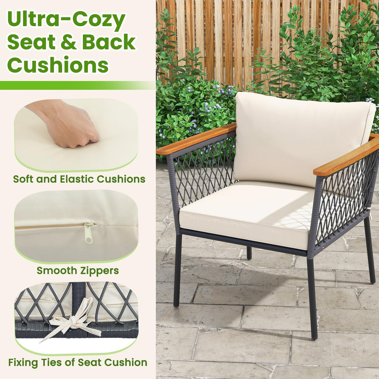 Tangkula 4 Piece Patio Furniture Set, Patiojoy Rattan Chair Set w/ 2-Tier Coffee Table, Acacia Wood Armrests & Tabletop, Soft Seat & Back Cushions, Outdoor Wicker Conversation Set Tangkula