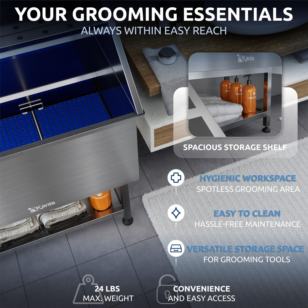 KANIS Professional Dog Washing Station - 304 Stainless Steel Pet Wash Sink & Grooming Bathtub w/Shower, Floor Grates and Storage for Large, Medium & Small Pets (50", Shelf - Left Ramp) KANIS