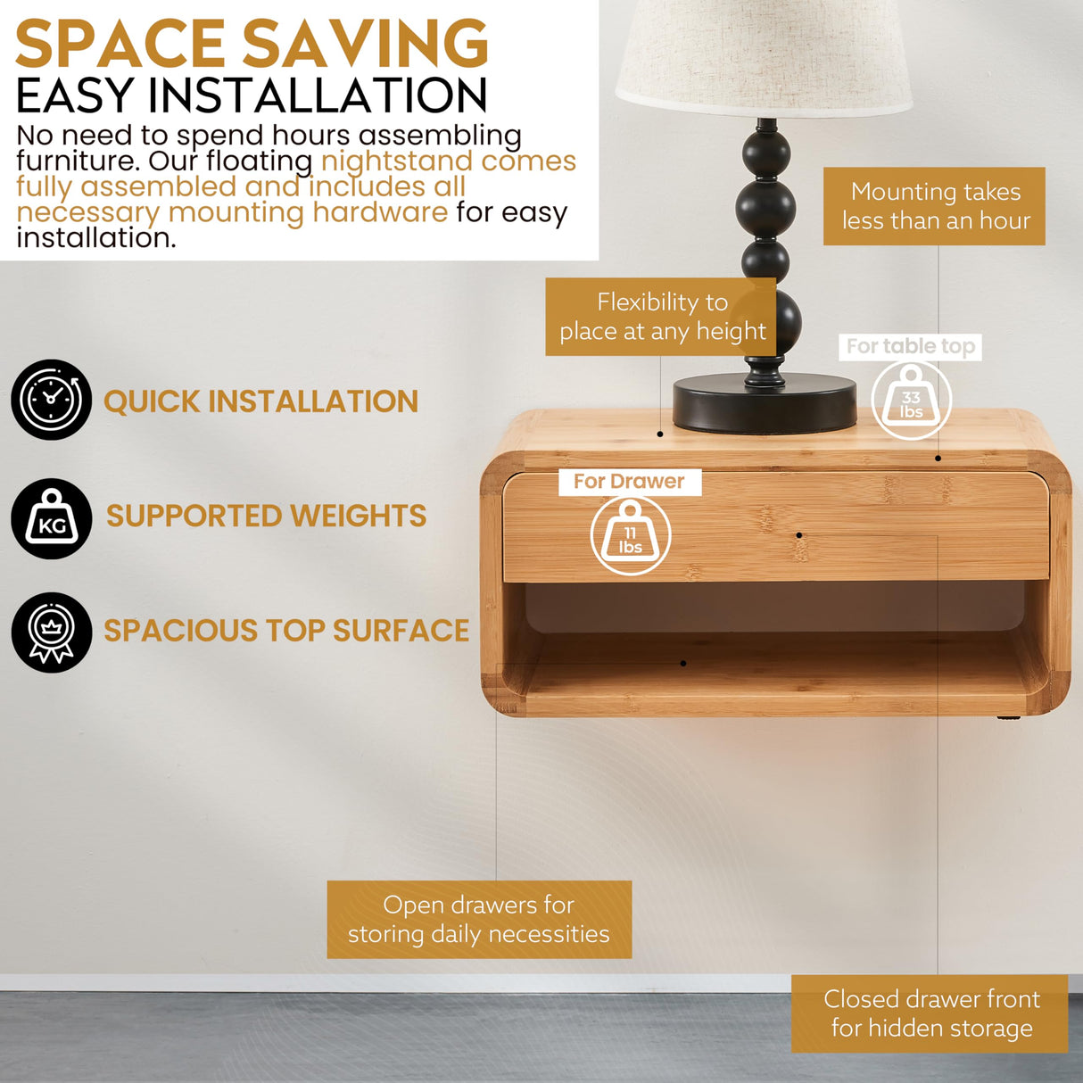 Bamboo Floating Nightstand with Drawer & Open Shelf - Fully Assembled Wall Mounted Bedside Table with Modern Design for Bedroom and Small Spaces - FSC Certified Bamboo Side Table Loom Interiors