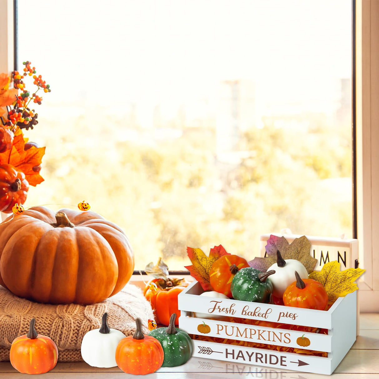 WATINC Fall Thanksgiving Maple Leaves Pumpkin Wooden Mini Crate Table Centerpiece, Farm Fresh Pumpkins Sign Crate Tiered Tray Decor Kit, Thankful Ornaments for Farmhouse Table Home Decor (62Pcs) WATINC