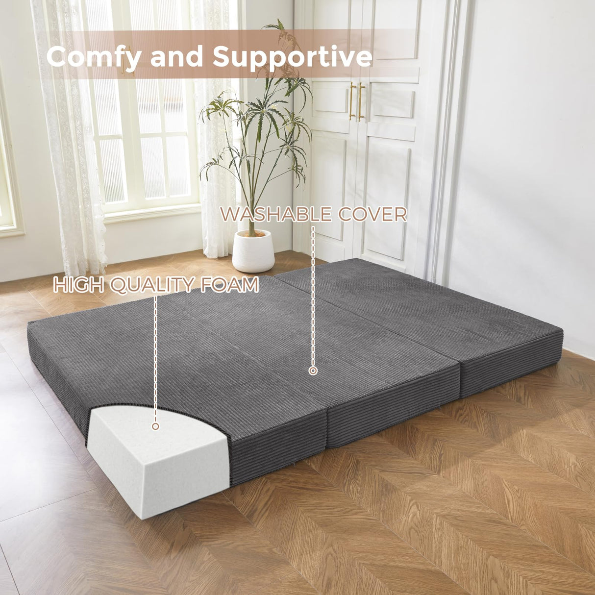 BYBYME Tri-Folding Corduroy Mattress, 6 Inch Gel Folding Mattress Topper, Foldable Soft Guest Bed Camping Pad, Washable Cover (Carbon Gray, Full) BYBYME