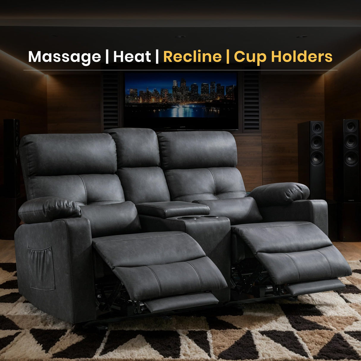 GUEAPY 68" Power Reclining Loveseat with Heat & Massage, Wall Hugger Double Reclining Sofa with Console, Cup Holders & Storage, Power Recliner Couch for Camper, Trailer, RV, Home Theater Living Room GUEAPY