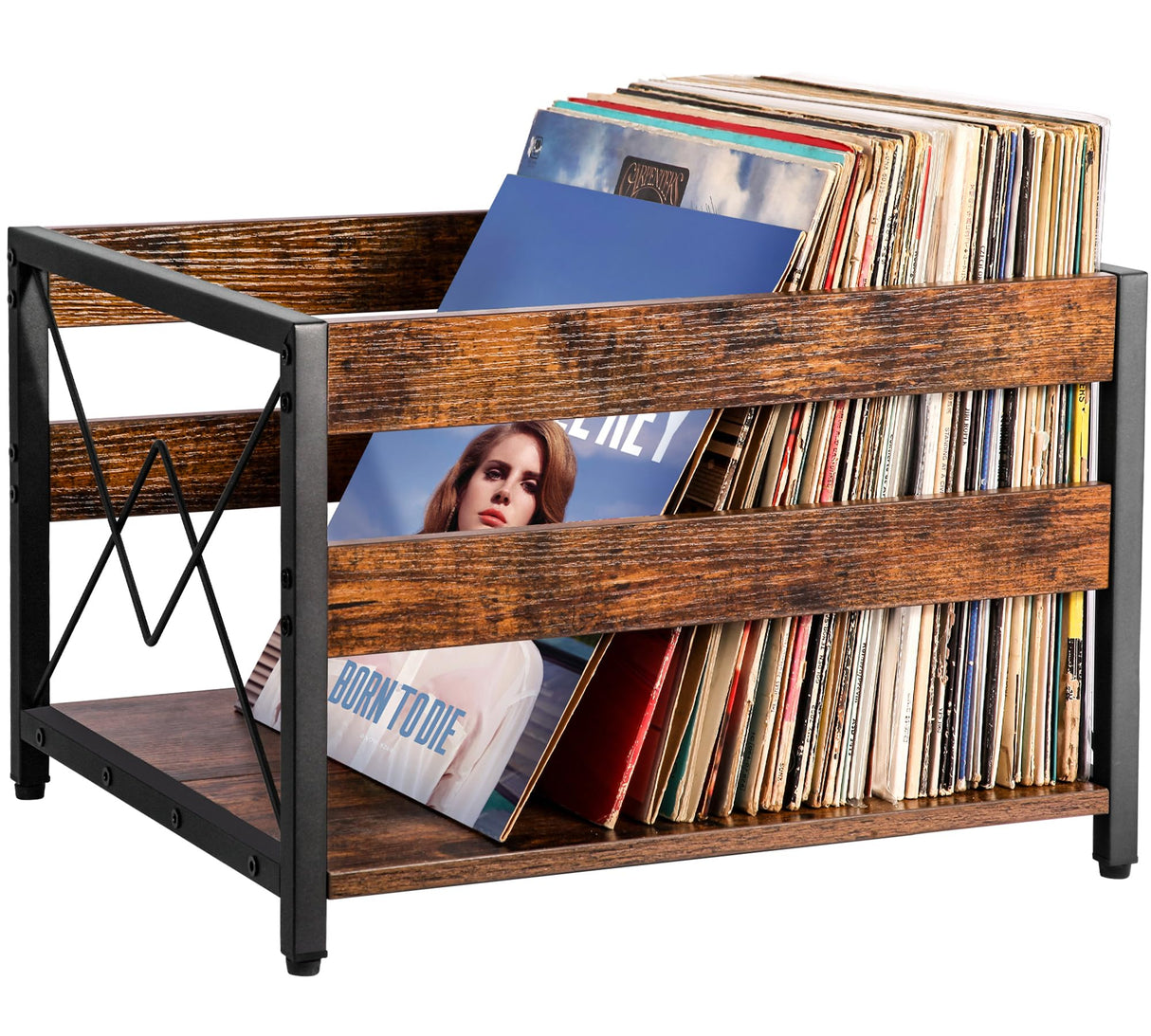 Y&M Vinyl Record Storage Crate, Wooden Storage Box, Classic Cube CD Albums Shelf Holder Organizer, Holds Up to 100+ Records, Magazine Rack for Desktop, Home, Office, Brown Y&M
