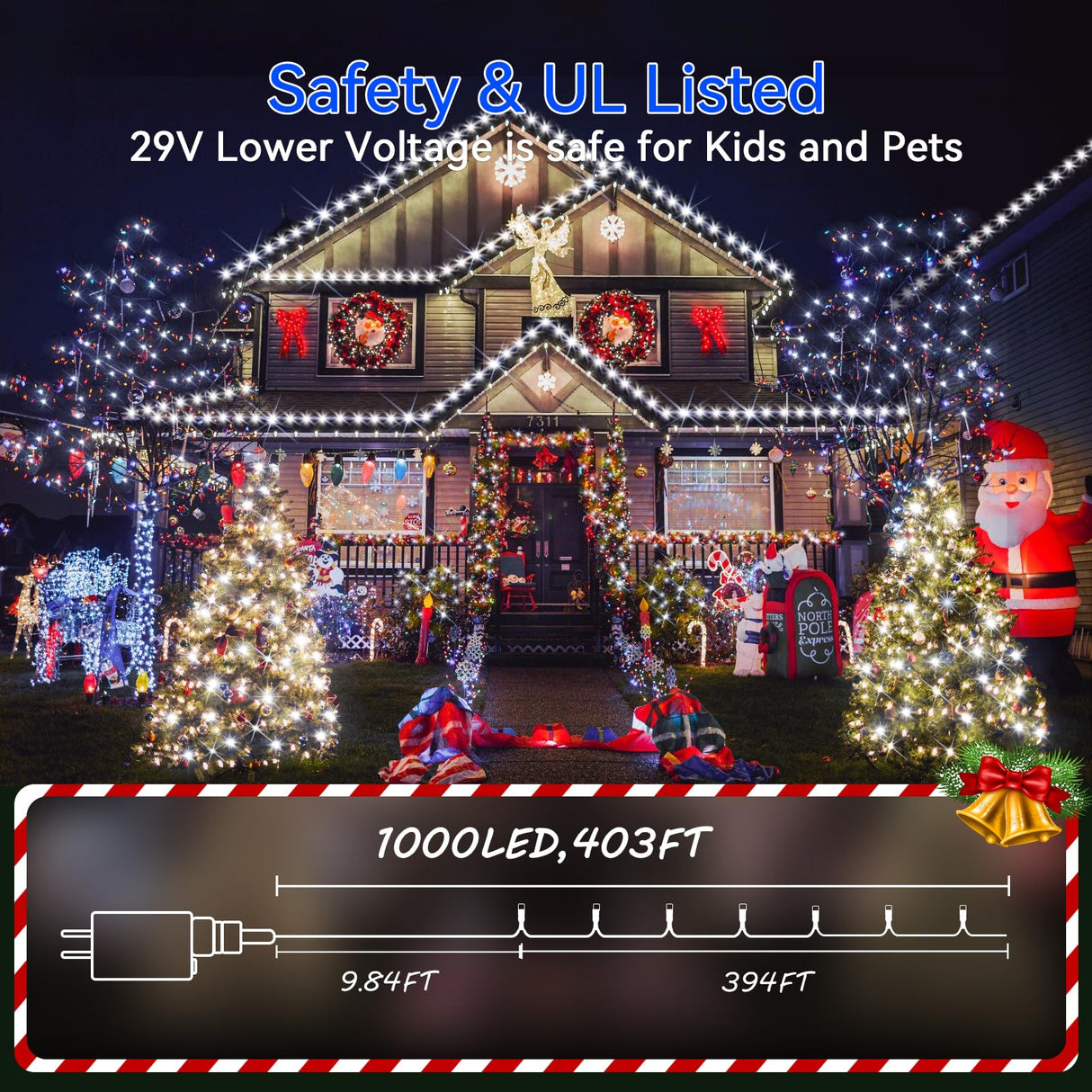 Hezbjiti 1000 LED 403 FT Christmas String Lights Outdoor, 8 Lighting Modes IP44 Waterproof Fairy Lights with Timer and Dimmable Function for Home Party Tree Decorations (Cold White, Clear Wire) Hezbjiti