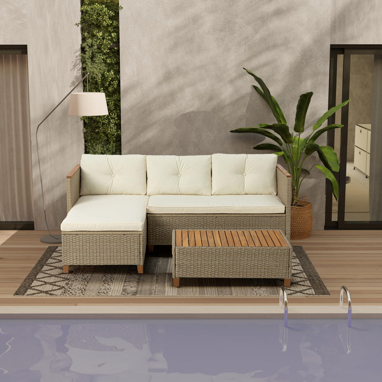 WiberWi Patio Furniture Set 3 Piece Outdoor Sectional Sofa Couch All Weather Rattan Wicker Conversation Set with Acacia Wood Coffee Table for Backyard Porch Garden Balcony, Waterproof, Beige WiberWi