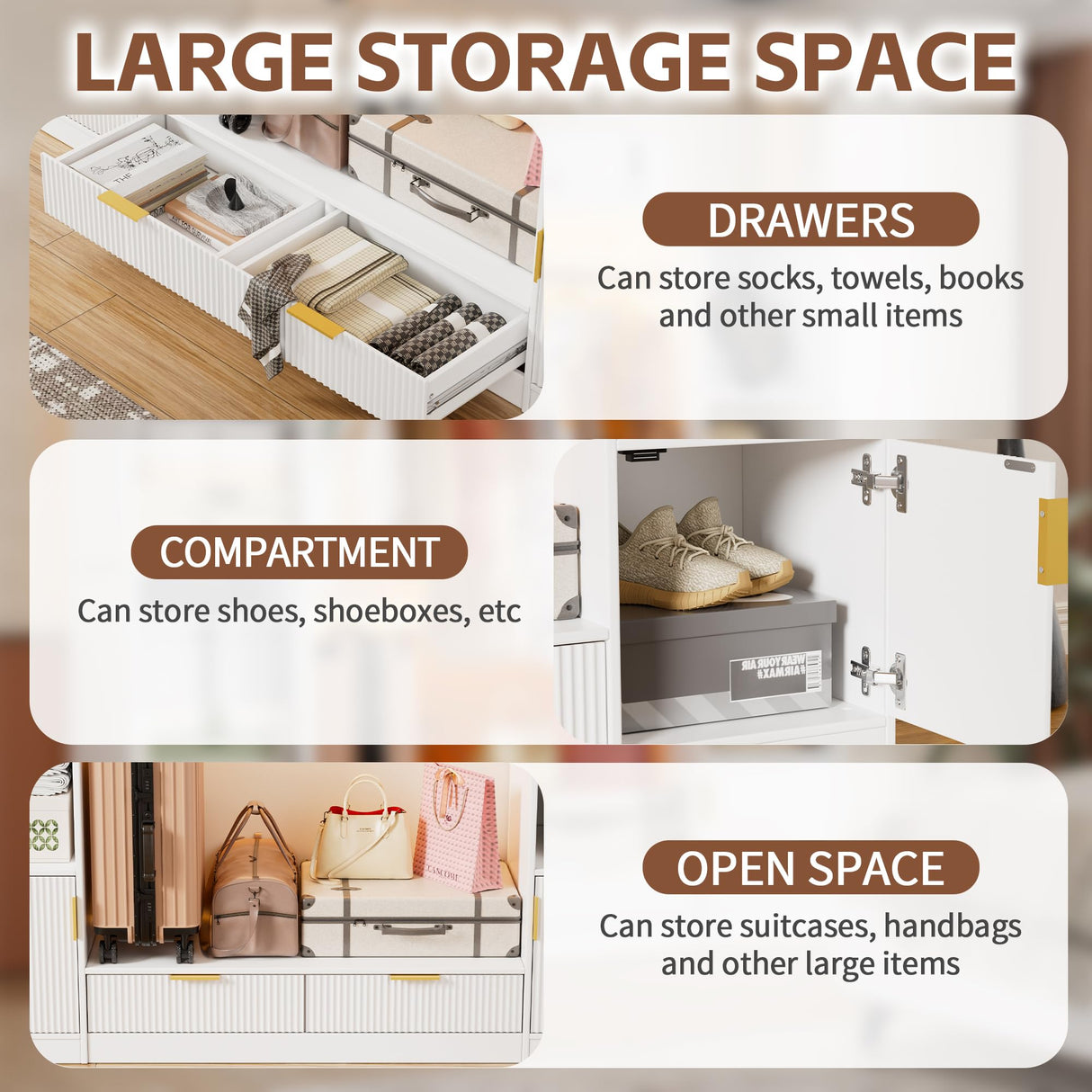 PAKASEPT Wardrobe Closet, 64.9" Freestanding Armoire System with 6 Display Storage Cabinet & Hanging Rods & 2 Wood Drawers, Cloth Garment Rack with Multi Color Light, Walk-in Closet, White PAKASEPT