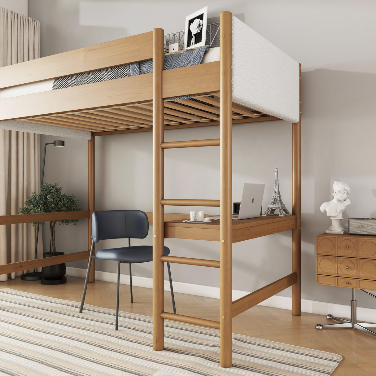 KEIKI Twin Size Loft Bed with Desk, Rubber Wood Bunk Bed with Ladder & Guardrails, Teddy Fleece Fabric Headboard/Footboard, Small Space, Natural KEIKI