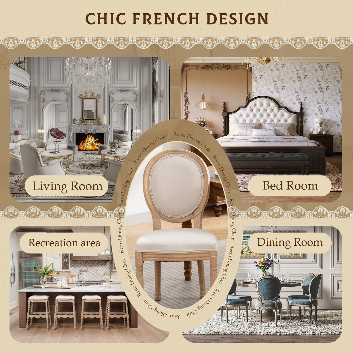 SoarFlash French Dining Chairs Set of 4, Vantage Dining Chair with Round Back, Farmhouse Country Dining Chair for Kitchen,Bedroom,Beige SoarFlash