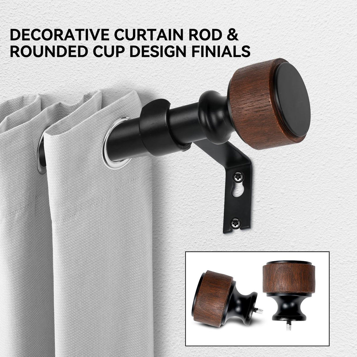 LOPTG Curtain Rods for Windows 38 to 112 Inch, 1 Inch Diameter Modern Adjustable Decorative Drapery Rods, Window Curtain Rod with Imitation Wood Grain Finials, Black, Size:36"-120" LOPTG