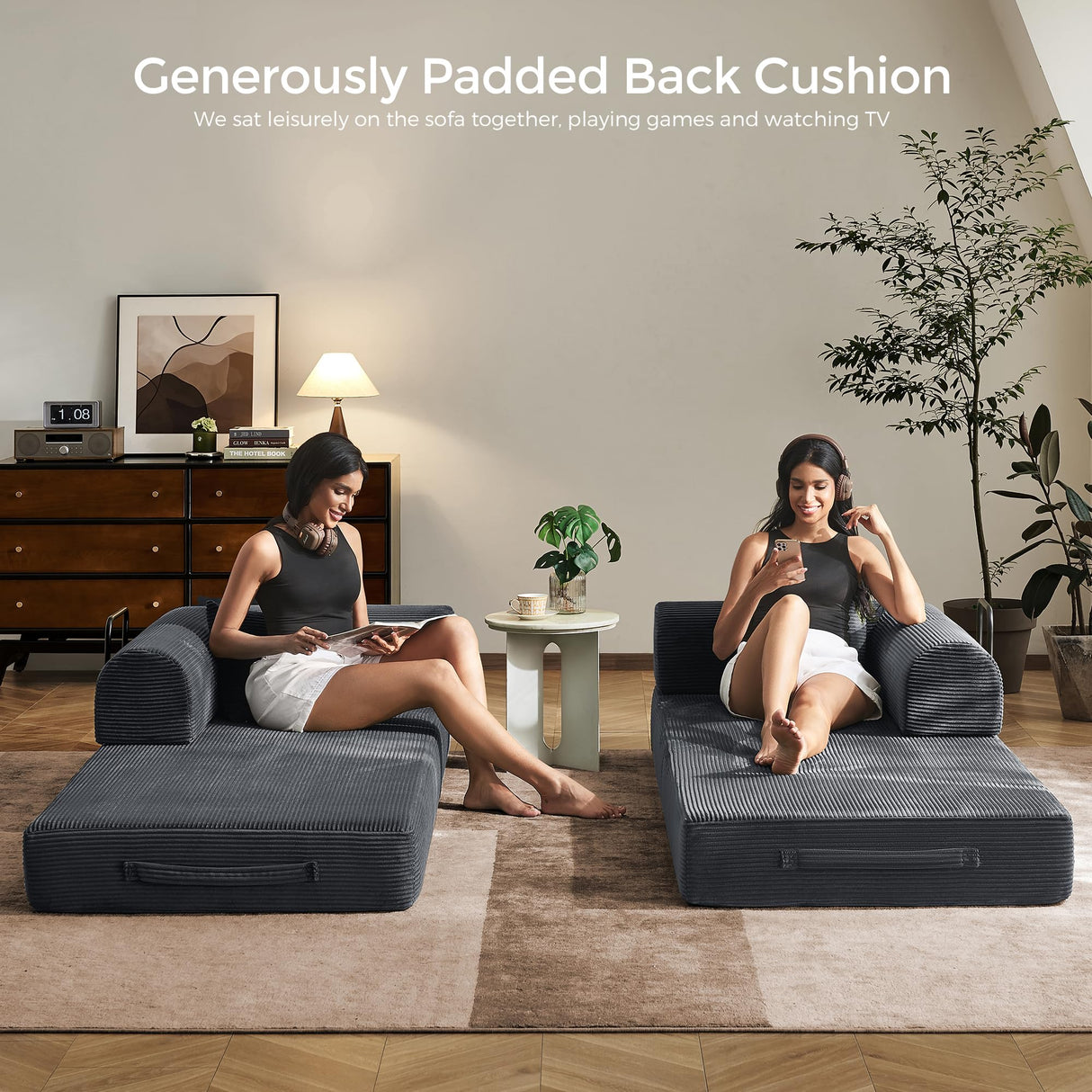 79" Convertible Sofa Bed with Fixed-Shape Frame & Removable Armrests, Modular Corduroy Sleeper Sofa, Folding Mattress Couch for Small Spaces - No Assembly Needed in Dark Gray (Includes 2 Pillows) SAVENICA