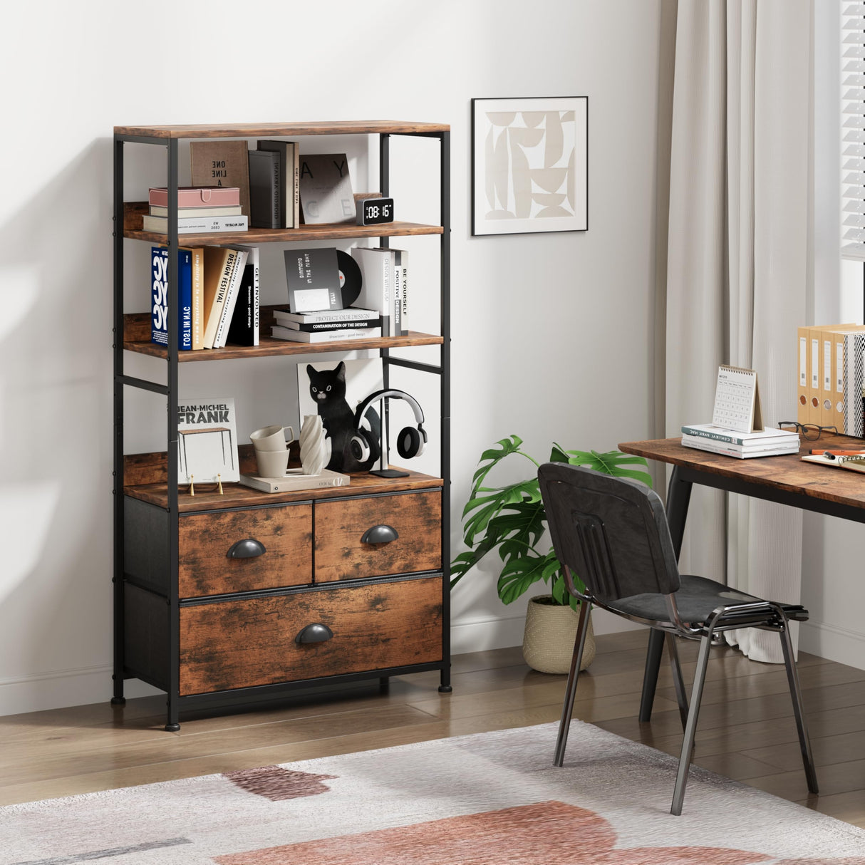 6 Tier Bookshelf, 47-Inch Small Bookcase with 3 Fabric Storage Drawers, Wood and Metal Book Shelf Storage Organizer, Industrial Display Standing Shelf Unit for Bedroom, Living Room, Rustic Brown Mexin