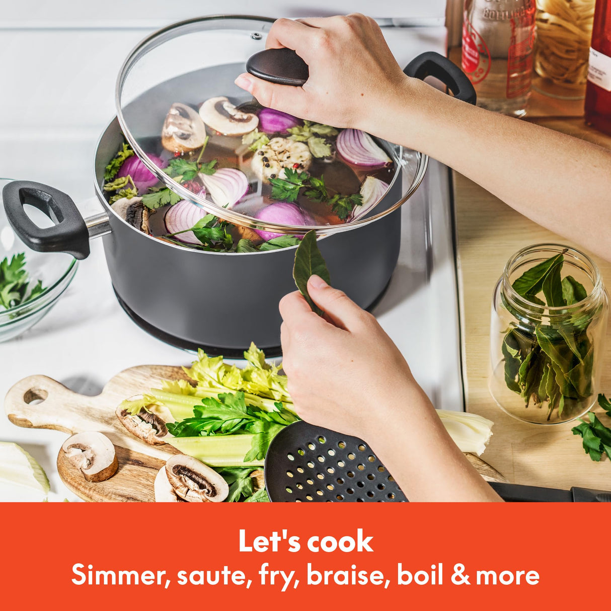 BELLA Nonstick Cookware Set with Glass Lids - Aluminum Bakeware, Pots and Pans, Storage Bowls & Utensils, Compatible with All Stovetops, 21 Piece, Black BELLA