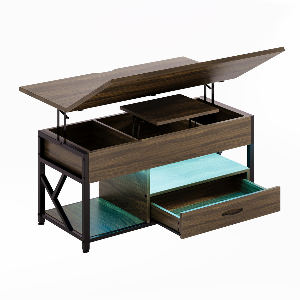 ONBRILL Coffee Table, 40" Lift Top Coffee Table with Drawers & LED Light for Living Room, Coffee Table with Hidden Compartment & 2 Open Shelves for Dining Reception Room, Black ONBRILL