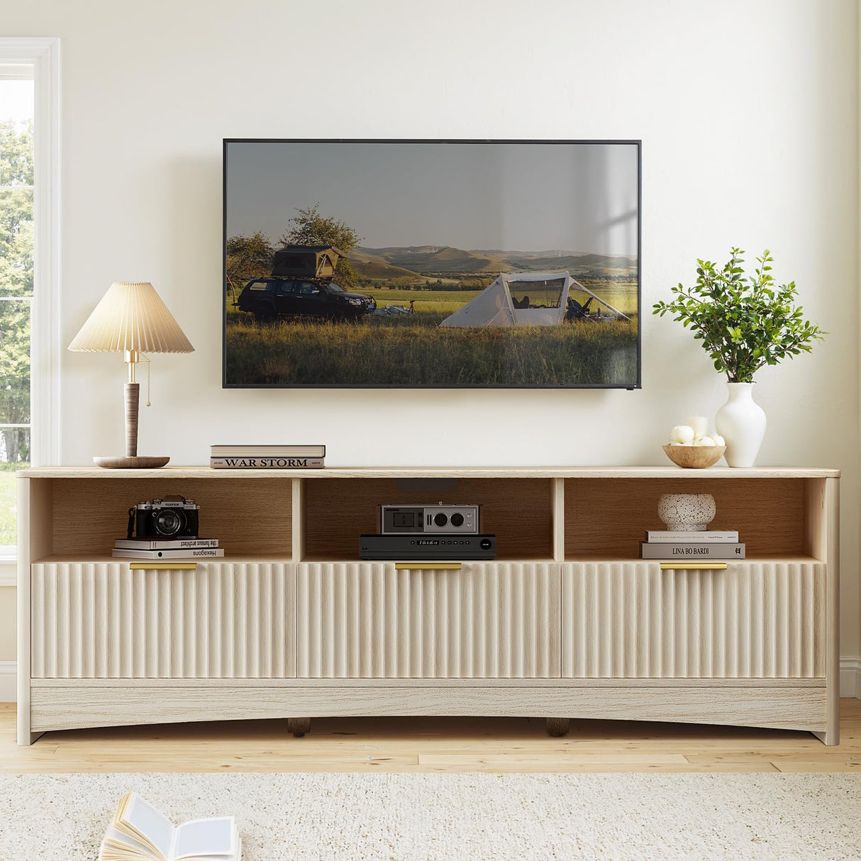 Marsail 59″ Wide TV Stand for TVs Up to 65″, Modern Entertainment Center with Fluted Panels, 3 Easy-Sliding Drawers, Open Shelves & Cable Hole, 3-Tier TV Stands for Living Room & Bedroom, Natural Oak Marsail