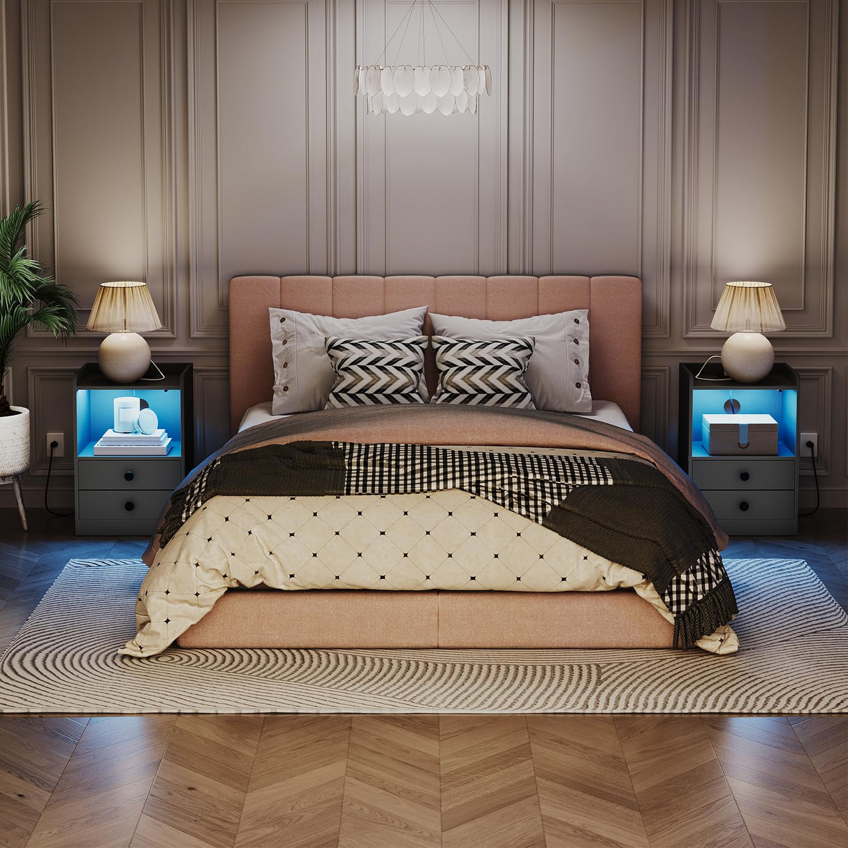 HOOBRO Nightstand with Charging Station, Modern Night Stand with LED Lights, Side Table with 2 Drawers, Bedside End Table with USB Ports and Outlets, Night Stands for Bedroom, Black BK28UDBZ01 HOOBRO