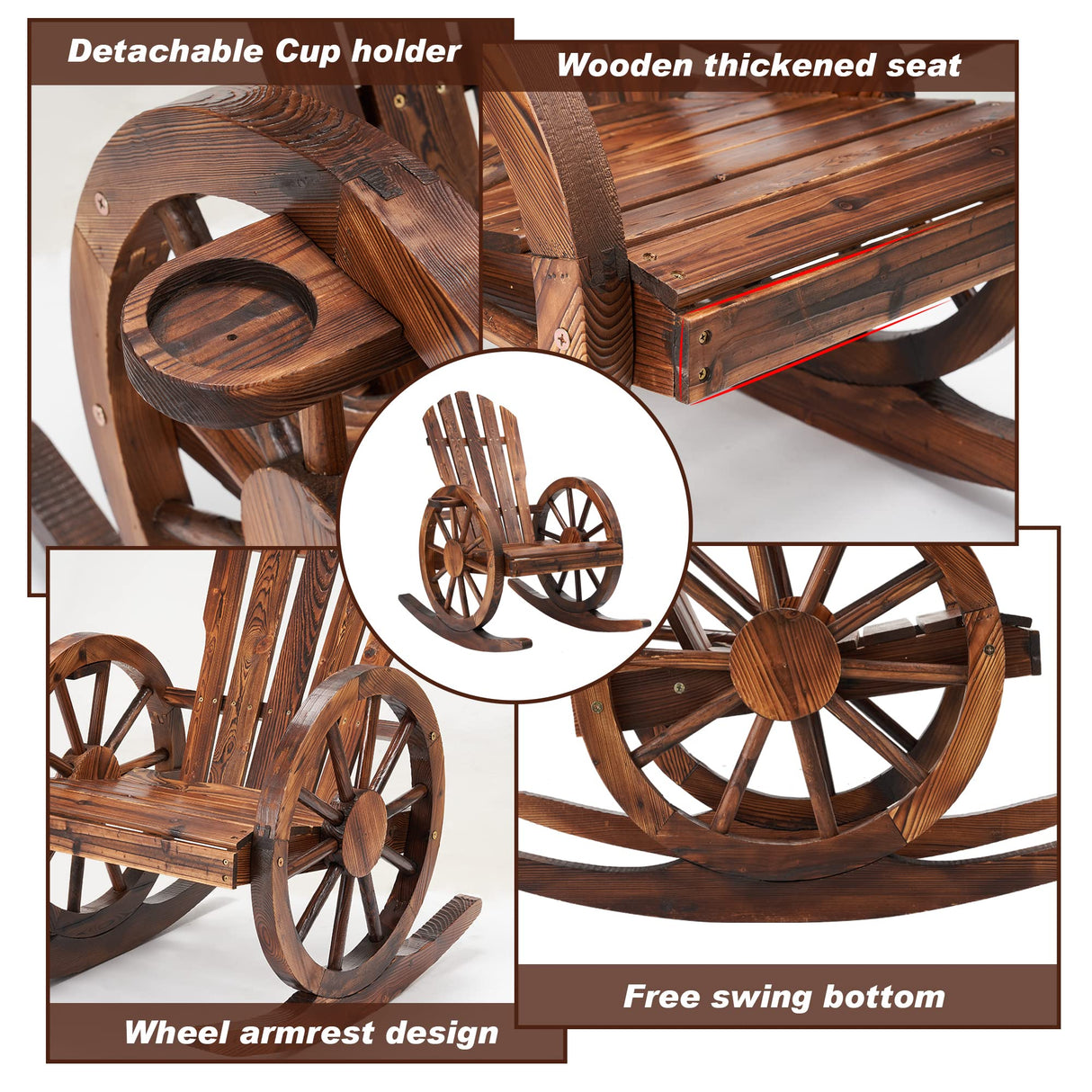 AHB Outdoor Wood Rocking Chair, Wagon Wheel Decor Armrest Yard Glider Rocking Patio Chair with Slatted Design, Adirondack Rocking Chair for Porch Lawn Garden Balcony Poolside, Brown (2 PCS) AHB