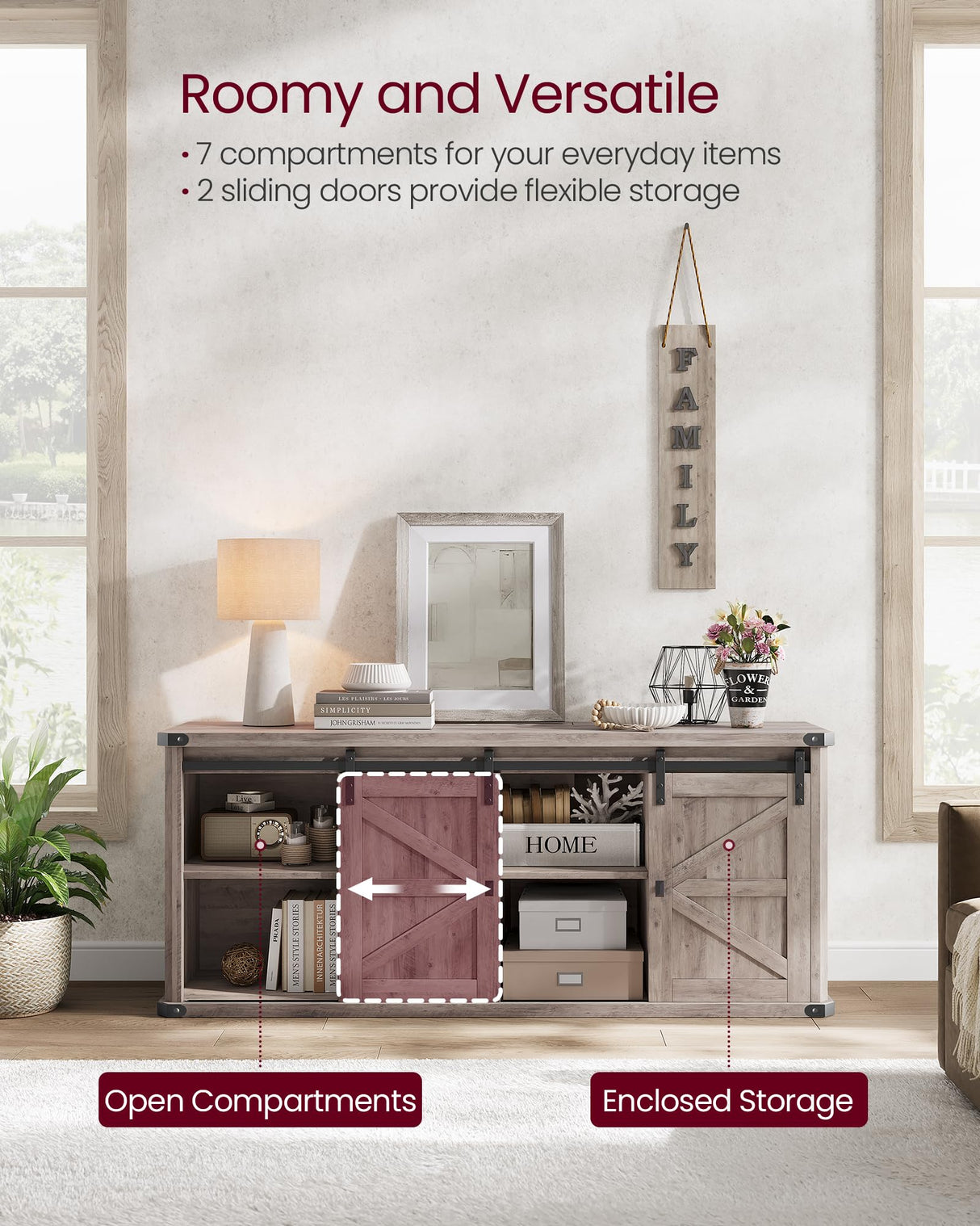 VASAGLE TV Stand for TVs up to 65 Inches, Farmhouse Entertainment Center with Sliding Barn Doors, TV Console Table for Living Room, Heather Greige ULTV324K02 VASAGLE