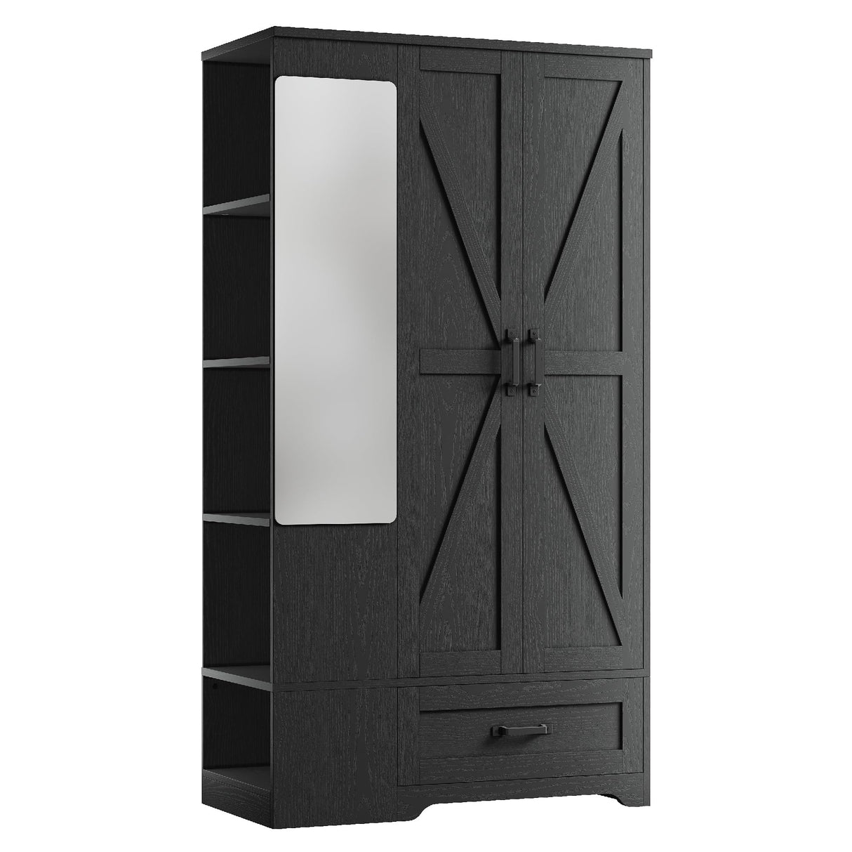 LIKIMIO Armoire Wardrobe Closet 70 Inches, Large Storage with Mirror, 2 Doors, Drawer, and Shelves, Modern Bedroom Freestanding Wooden Wardrobe Combination with Hanging Rail, Black LIKIMIO