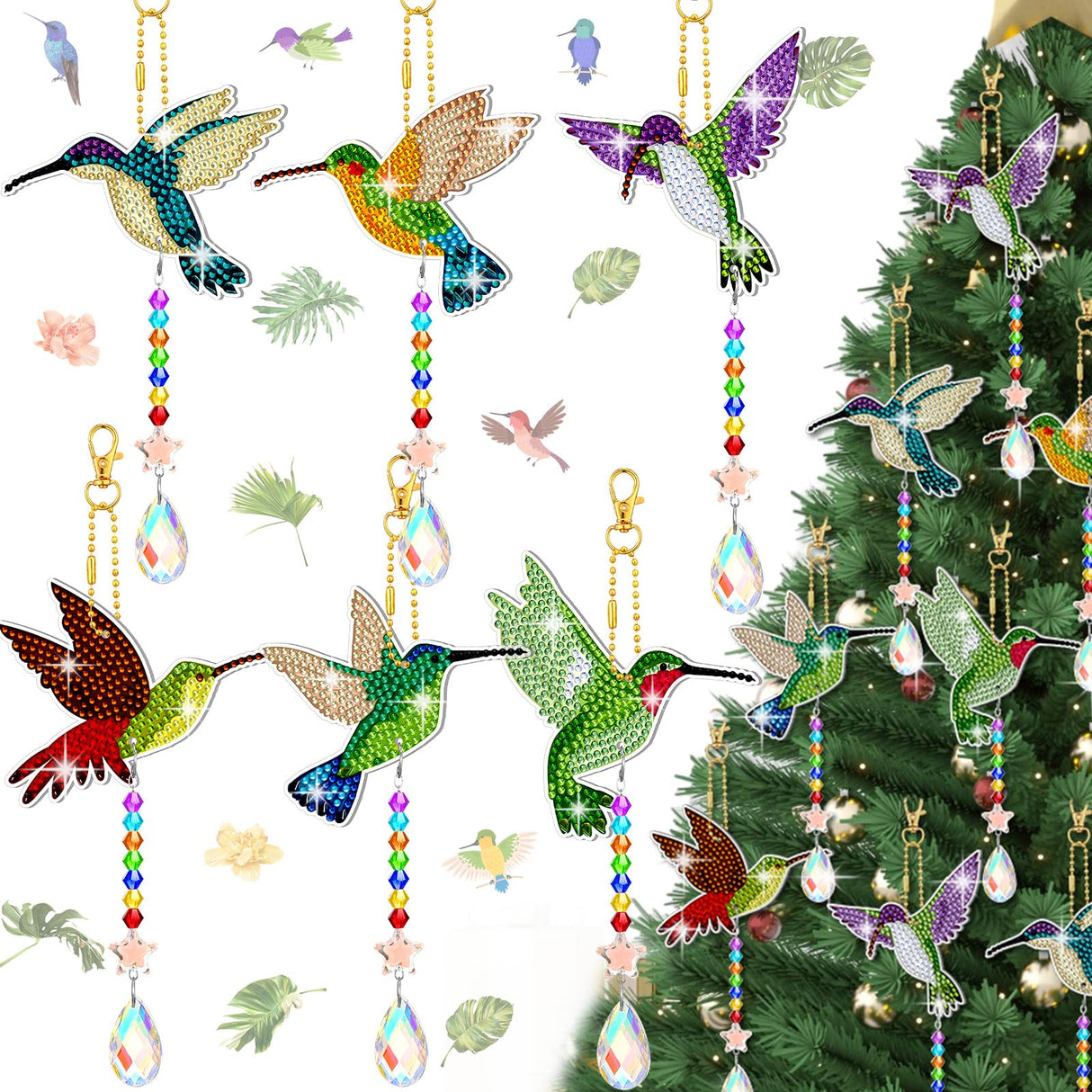 Tradder 6 Pcs Diamond Art Painting Rhinestone Hummingbird Wind Chimes Birds Art Kits for Adults Diamond Summer Decor Suncatchers Double Sided 5d DIY with Crystal Pendant for Home Window Decor Garden Tradder