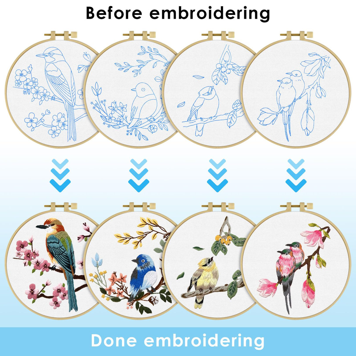ERKOON 4 Sets Embroidery Kit for Beginners,Hummingbird and Flower Cross Stitch Set for Include Embroidery Cloth Hoops Threads for Craft Lover Hand Stitch (Flowers and Birds) ERKOON