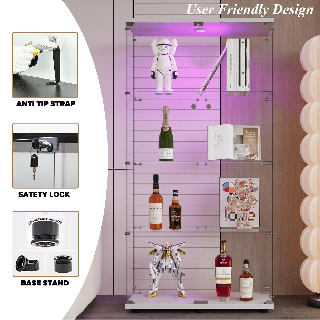 lunhung Glass Display Cabinet 4-Shelf with LED Lights and Lock,2 Doors Curio Cabinets Display Case Storage Cabinet,Glass Floor Standing Bookshelf for Living Room 32" W x 14" D x 64" H (White) lunhung