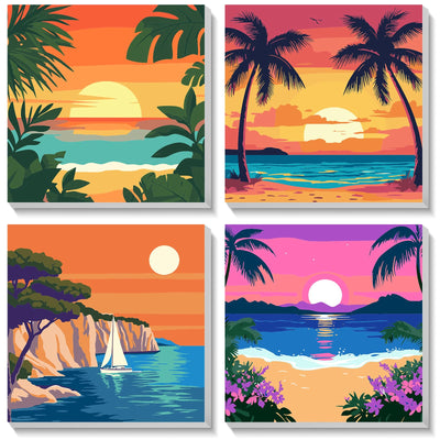 HEIBAGO Framed Paint by Numbers kit for Kids, 4 Pack Landscapes Paint by Numbers for Kids Ages 8-12, Sun Paint by Numbers Kits Children Beginner, DIY Acrylic Oil Painting for Home Wall Decor 8x8 inch